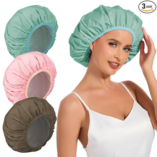 3Pcs Shower Cap for Women Reusable Waterproof, Bath Cap for Long Hair, Comfortable Showers Cap for Thick Curly Hair