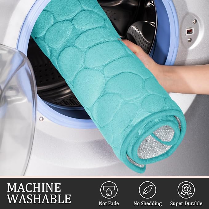 YIHOUSE Bathroom Rugs Mat Set, Memory Foam Bath Mat 3 Piece Teal | U Shape+Small Mat, Non Slip, Water Absorbent, Washable, Bath Mat For Bathroom, Sink and Toilet