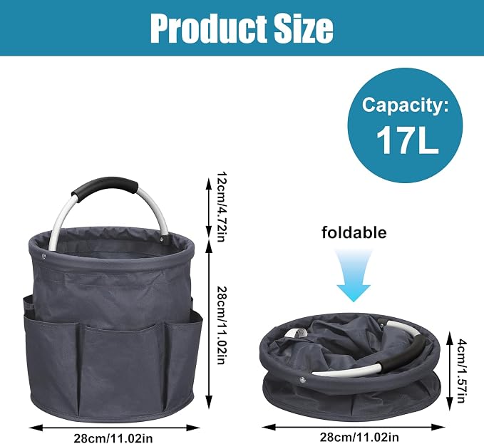 17L Portable Cleaning Bucket Organiser, 6 Pockets Foldable Cleaning Caddy with Handle Wearable Cleaning Caddy Bag for Outdoor Camping Garden Harvest Basket Home Bathroom Storage (Dark Gray)