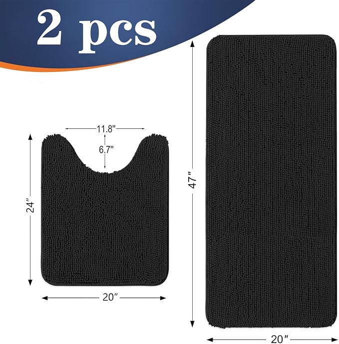 OLANLY Chenille Bathroom Rugs Mats Sets 2 Piece, 47"x20"+24"x20", Black | Soft Absorbent Bath Mat and U-Shaped Contour Toilet Rug Set, Quick Dry, Machine Washable Bath Carpet, Home Decor Accessories
