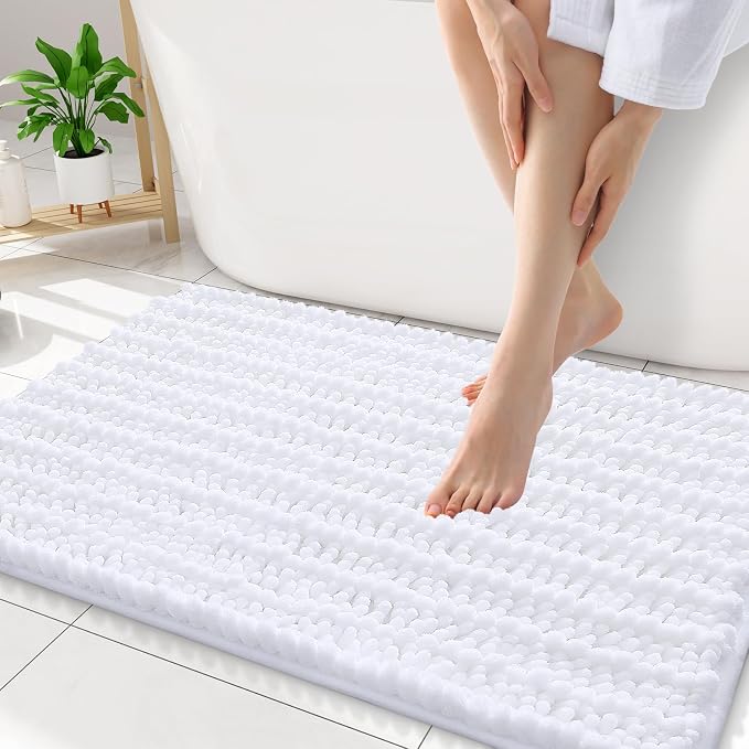 Smiry Bathroom Rugs 34X21, Extra Soft Rubber Backing Chenille Bath Mats | White Machine Washable Non Slip Quick Dry Bath Mats for Bathroom Floor, Tub, Shower, Home Decor Accessories