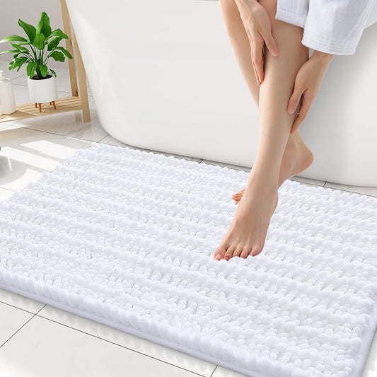 Smiry Bathroom Rugs 34X21, Extra Soft Rubber Backing Chenille Bath Mats | White Machine Washable Non Slip Quick Dry Bath Mats for Bathroom Floor, Tub, Shower, Home Decor Accessories