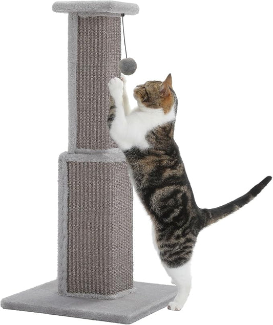 PAWZ Road Cat Scratching Post 32” Tall Square Cat Scratcher | Heavy Duty Cat Post with 16x16”Large Base Covered Sturdy Woven Sisal Scratcher and Cat Toy Ball for Adult and Indoor Cats