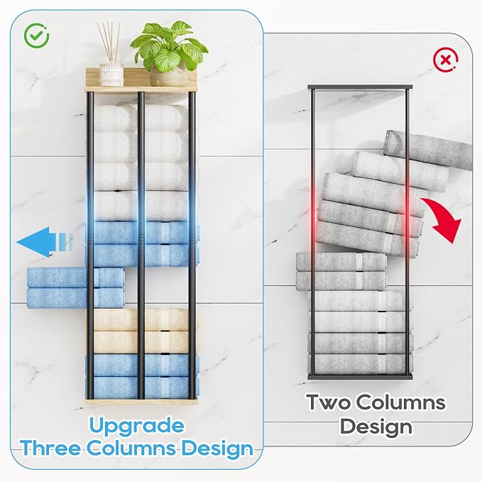 Towel Racks for Bathroom Wall Mounted, 3 Bar Wall Towel Rack | Metal Towel Holder with Wooden Shelf, Sturdy and Large Capacity, Towel Storage Organizer for Rolled Towels