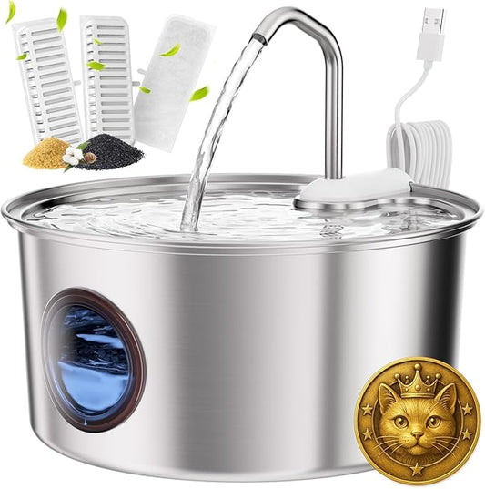 Puppyspout Cat Water Fountain Stainless Steel - 108oz | 304 Stainless Steel,with 3 Filters,Silent Design,for Cats, Puppy, Multiple Pets