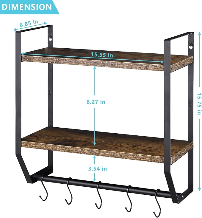 OYEAL Bathroom Shelf with Towel Bar Wall Mounted Towel Rack Rustic Towel Shelf for Bathroom with 5 Hooks, 2 Tier Shelf Storage Organizer for Living Room, Kitchen, Bedroom, Rustic Brown