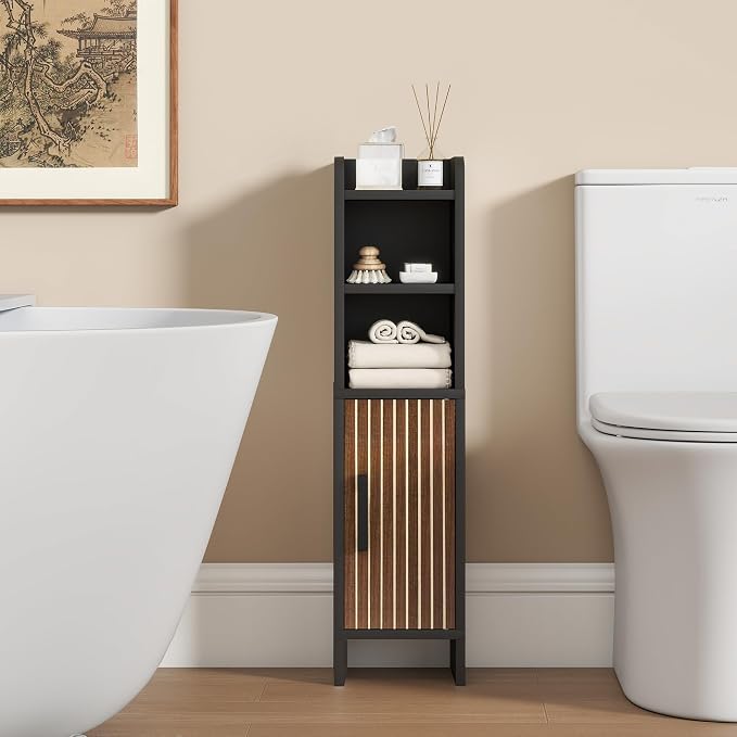 Small Bathroom Storage Corner Floor Cabinet Narrow Toilet Paper Cabinet with Adjustable Shelves Wooden Slim Bathroom Organizers and Storage with Fluted Door for Small Spaces, Black