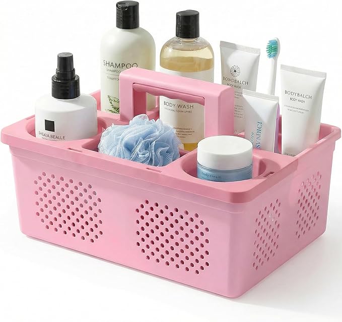 KMV Dorm Room Portable Shower Caddy with Adjustable Compartments - Ventilated Drainage Design with Handles, Perfect Toiletries Organizer for College Dorms-pink