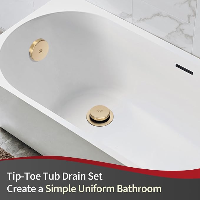 PRIMSOPH Tip-Toe Tub Drain Trim Kit with One Hole Overflow Faceplate Conversion Kit Assembly Universal Fine Coarse Thread Replacement Brushed Gold