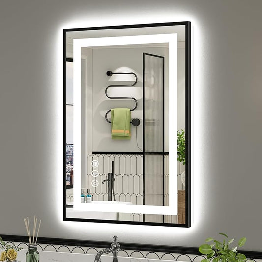 24x36 Inch LED Bathroom Mirror with Black Frame, Backlit & Front Lit | Anti-fog, 3 Color Dimmable, Memory Function, HD Reflection Tempered Glass, ETL Listed, IP54 Waterproof