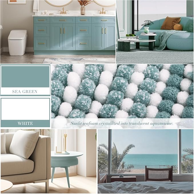 Bathroom Rugs Sets 2 Piece, Non Slip Striped Bath Mats, Sea Green | 20"x47" Plus 16"x24", Soft Absorbent Chenille, Quick Dry Machine Washable, Shower Rug for Bathroom Floor, Tub, Bedroom Decor