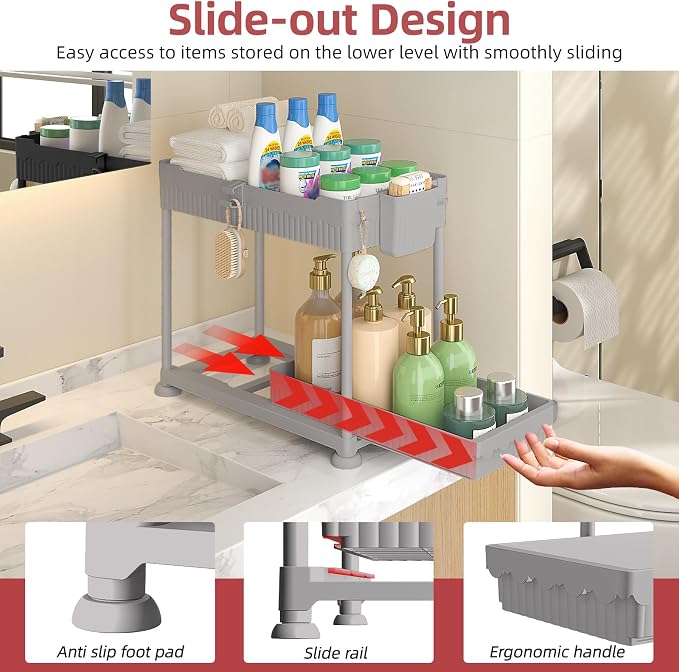 Sevenblue Under Sink Organizer, Bathroom Organizers and Storage, 2 Tier Multi-Use Pull Out Cabinet Organizer with Hang Hooks and Cups (Gray, 14.8 Inch)