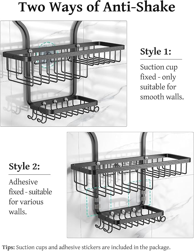 Never Rust Shower Caddy Hanging, Aluminum Shower Racks for Inside Shower, 3-Tier Shower Organizer Hanging Over Shower Head with Hooks and Soap Holder, Black