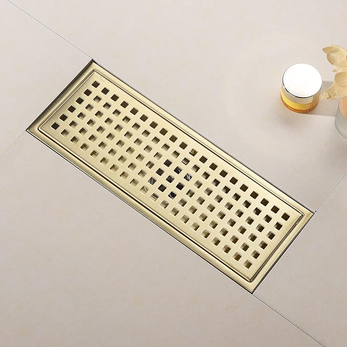 12 Inch Rectangular Shower Floor Drain, Can Be Detachably Inserted Into The Mesh Grille Cover, SUS304 Stainless Steel, Brushed Gold