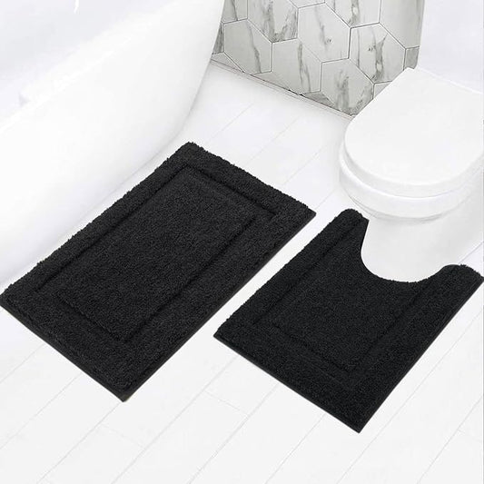 SHACOS Soft Microfiber Bathroom Rugs Set 2 Pieces with Toilet Rug | Absorbent Plush Bath Mat U Shaped Contour Bath Rug, Non Slip Washable Fluffy Bathroom Floor Mats, 32x20+24x20, Black