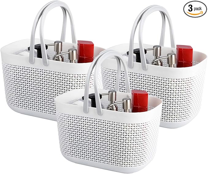 UUJOLY Plastic Storage Baskets with Handle Shower Caddy Organizer Bins for Home Bathroom Kitchen (3 Pack-White)