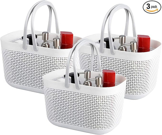 UUJOLY Plastic Storage Baskets with Handle Shower Caddy Organizer Bins for Home Bathroom Kitchen (3 Pack-White)