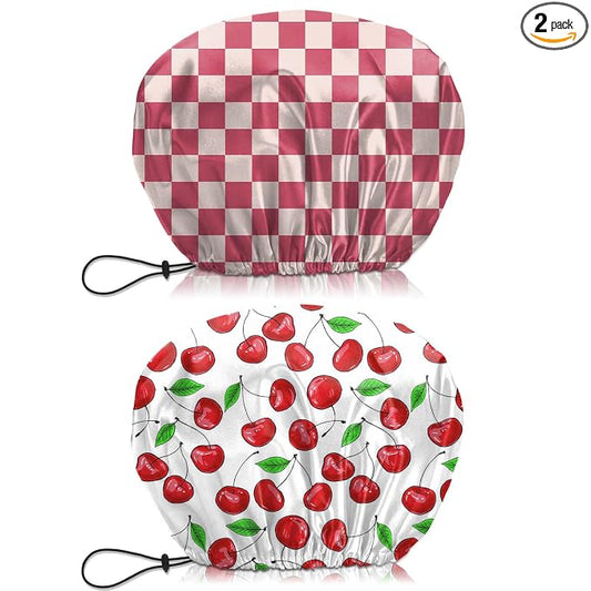 2 PCS Shower Cap Waterproof Double Layer Elastic Adjustable Reusable Hair Bath Caps for Girls Women Cute Aesthetic-Pink White
