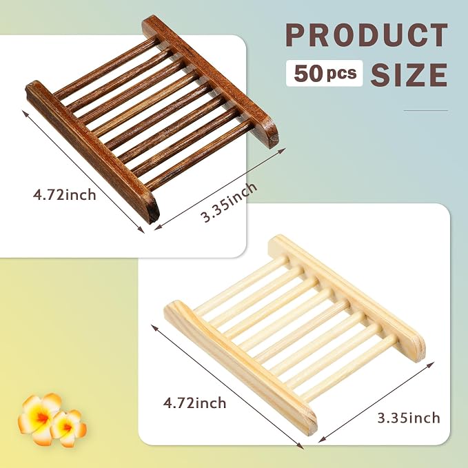 Sawysine 50 Pcs Home Bamboo Wood Soap Holder Bulk Bathroom Wooden Soap Dish Tray Saver 4.72 x 3.35 x 0.7 Inch Hand Craft Bathtub Self Draining Dish for Bar Kitchen(Charcoal and Wood Color)
