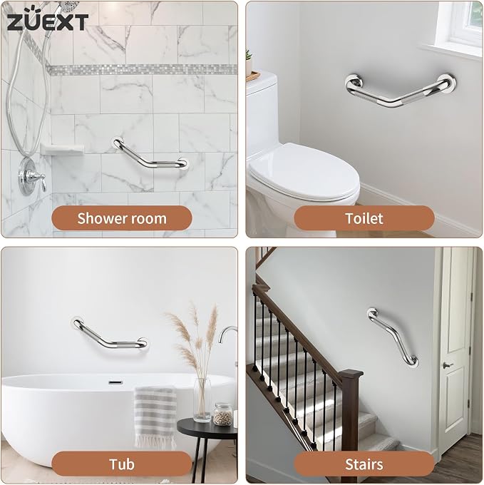 16 Inch Angled Grab Bar 2 Pack, ZUEXT Anti Slip Shower Grab Bar Handles,Chrome Stainless Steel Knurled Bathroom Balance Bar, Safety Hand Rail Support,Handicap Elderly Injury Senior Assist Bath Handle
