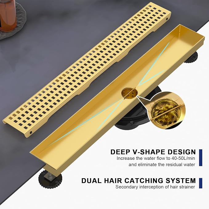 Linear Shower Drain | 32 Inch AISI 304 Stainless Steel Shower Drain, Brushed Gold Linear Drain with Removable Quadrato Grate Cover & Adjustable Feet, Rectangle Floor Drain, in Bathroom Balcony etc