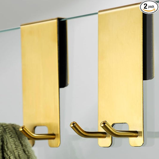 Taozun Shower Door Hooks, Gold Towel Hooks for Bathroom Frameless Glass Door, Shower Squeegee Hooks, 2-Pack, Stainless Steel