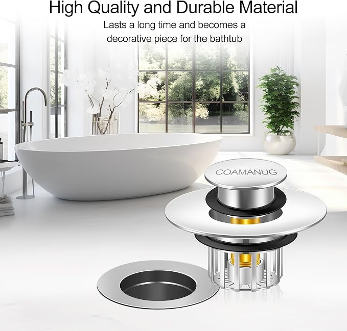 COAMANUG Bathtub Stopper | Shower Drain Hair Catcher, Pop-up Tub Stopper with Strainer | Pop-up Bathtub Drain Plug | Drai Protector for 1-1/2 to 1-3/4" Bath Drain Hole- Pearl Chrome