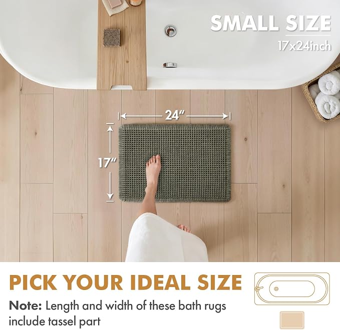 MIULEE Set of 2 Waffle Bathroom Rugs Boho Bath Mat Green 17x24 Inch | Non Slip, Super Absorbent, Washable, Ultra Soft, Rubber Backed, Small Bath Rugs for Bathroom Floor Tub Shower