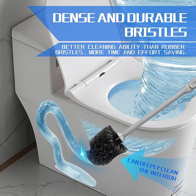 Toilet Brush and Holder 2 Pack with Long Handle - Non-Slip Grip Toilet Bowl Brush Set for Deep Cleaning Bathroom, Toilet Scrubber- Gray