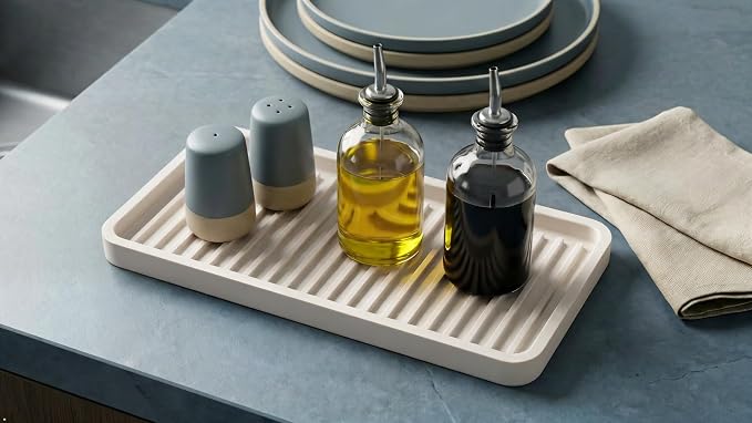 Silicone Kitchen Sink Organizer Tray, Sponge Holder and Countertop Protector | Bathroom and Kitchen Soap Dish and Dispenser Tray (White, 10"x5.25")