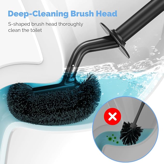 HAMITOR Toilet Bowl Brush Holder Set: Curved Design with Holder for Deep Cleaning Under Rim - Compact Hidden Cleaner Scrubber for Small Space - Home RV Bathroom Accessories - Black 2 Pack