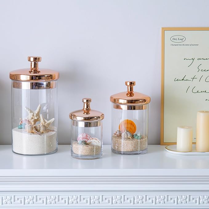 MyGift Glass Apothecary Cookie Jar Set with Copper Lid | Decorative Kitchen and Bath Storage Canisters, Wedding Centerpiece Jars, Candy Buffet with Lids