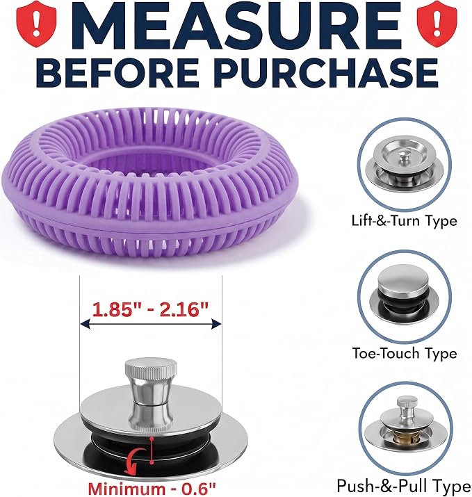 TubRing Pop-Up Drain Protector & Strainer Silicone Hair Catcher, Violet | Easy snap-in design fits around bathtub stoppers. Customizable utility guard for clog prevention. Fits 1.85"- 2.16" drains.