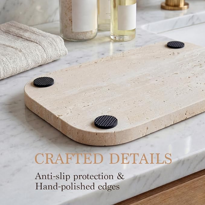 Natural Italian Travertine Tray Rectangular Decorative Marble Vanity Tray for Bathroom Countertop Hand-Polished Organizer for Kitchen Soap Jewelry Coffee Table Beige (11.8X7.8 Inch)
