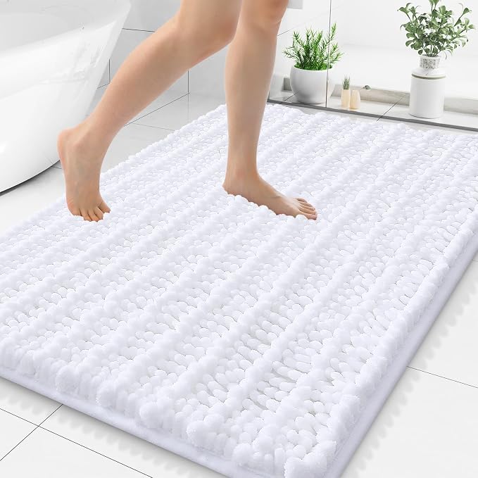 Smiry Bathroom Rugs 48X32, Extra Soft Rubber Backing Chenille Bath Mats | White Machine Washable Non Slip Quick Dry Bath Mats for Bathroom Floor, Tub, Shower, Home Decor Accessories