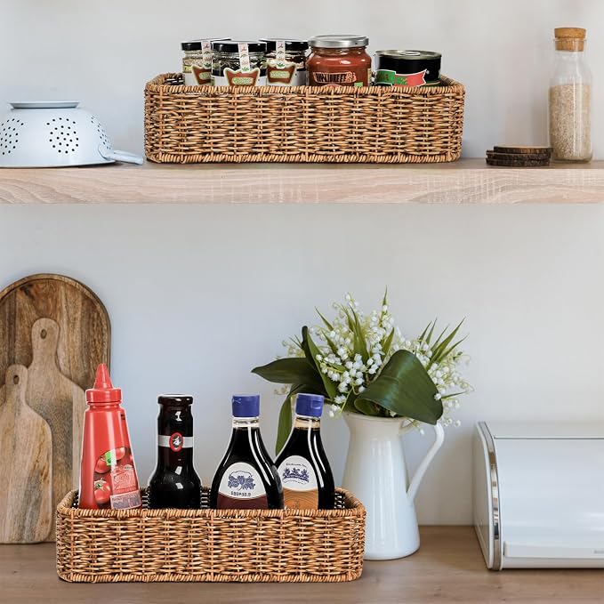 ZAVOOS Toilet Tank Basket, 2 Pack, Handwoven Built-in Handle | Rectangular Wicker Shelf Baskets for Organizing, Countertop Storage Bin for Bathroom Tank Top, Bedroom Closet