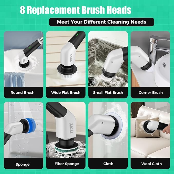 YKYI Electric Spin Scrubber, Cordless Power Cleaning Brush with Long Handle | 8 Brush Heads, 3 Handle Lengths, 2 Speeds, IPX7 Waterproof, 100-Minute Runtime for Tubs, Tile, Floors, Grout, Glass and Cars