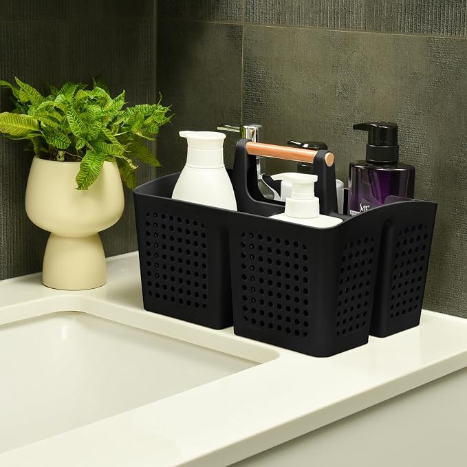 Portable Shower Caddy Basket with Wood Handle, 3-Compartment Bathroom Organizer Tote with Drain Holes, Plastic Shower Basket for Dorm, Toiletries, Cleaning Supplies, Black