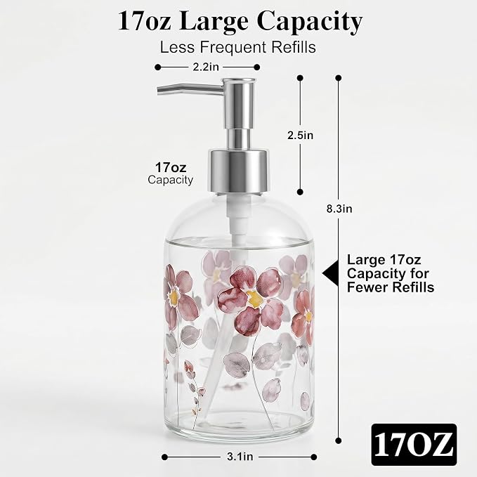 Topadorn Hand and Dish Soap Dispenser Set, 2 Pack 17oz Glass Soap Dispensers with Pump, Refillable Kitchen Soap Bottles, Coordinated Floral Bathroom Counter Decor