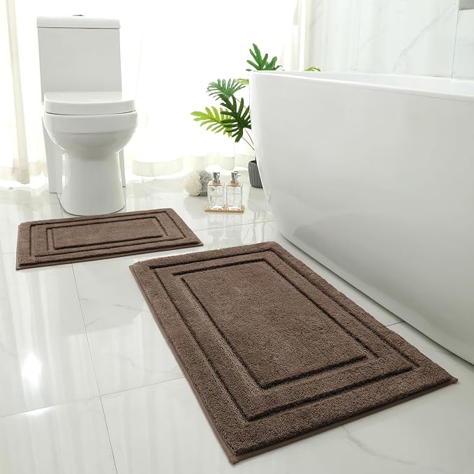 HOMEIDEAS Bathroom Rugs Sets 2 Piece, Super Soft and Absorbent Non Slip Microfiber Machine Washable Bath Mat Set (20" x 32" + 16" x 24", Brown) | Ultra Absorbent, Microfiber Machine Washable Bath Rug Set, for Bathroom, Tub, Shower 20" x 32" + 16" x 24"