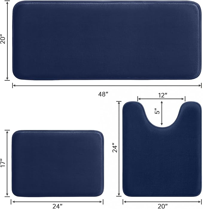 HUXMEYSON 3-Piece Memory Foam Bathroom Rug Set, Navy | Quick Dry Velvet Surface, Non-Slip & PVC Backing, Ultra Soft Bath Rugs for Bathroom, 17"x24"+20"x48"+U Shape 20"x24"
