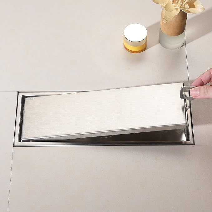 12 Inch Brushed Nickel Linear Shower Drain Pipe with Tile Insert Grille, Removable Hidden Cover, SUS304 Stainless Steel Rectangular Floor Drain