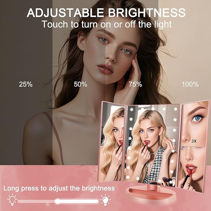 Flymiro Tri-fold Lighted Vanity Makeup Mirror with 3x/2x Magnification,Light up Mirror for Makeup,Touch Screen 21 LEDs,180° Rotation Countertop Cosmetic Mirror,Gifts for Women Mom Teen Girls