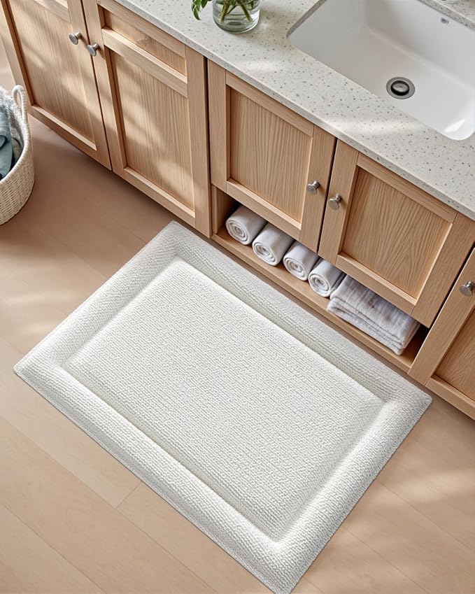 DEXI Memory Foam Bath Mat 24x17, Thick Chenille Bathroom Rug, Ivory | Ultra Soft Absorbent, Non Slip Quick Dry, Cushion Plush Bath Carpet for Tub Shower, Sink