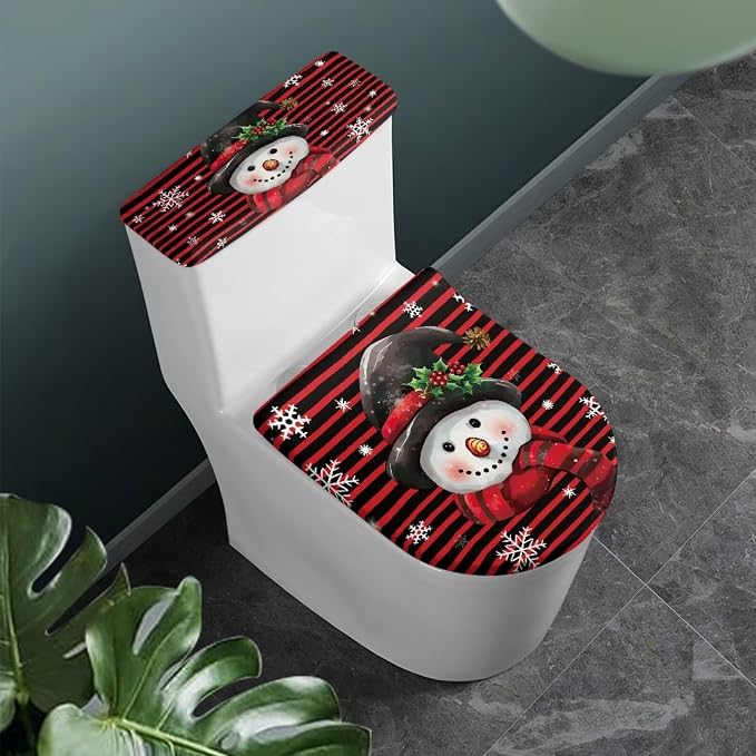 Christmas Toilet Lid Cover and Tank Cover Set of 2 Pack Cute Snowman Toilet Seat Cover Set Washable Toilet Tank Lid Cover Christmas Decor
