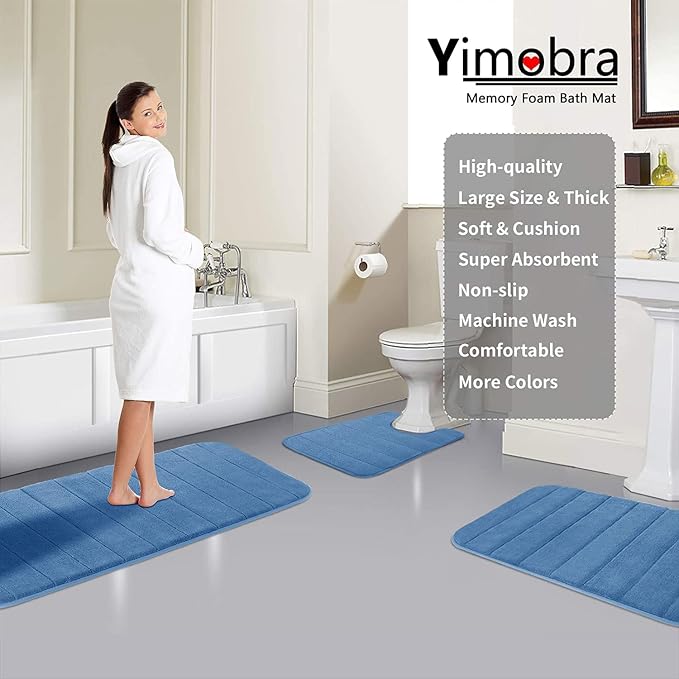 Yimobra Long Bath Mat 44"x24", Super Soft Quick Dry Memory Foam Bathroom Rug, Water Absorbent, Non Slip Backing Machine Washable for Tub Shower, Thick Comfort Support, Blue