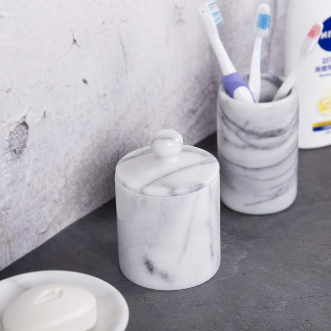 Creative Home Natural Marble Cotton Swab Canister with Lid, Off-White