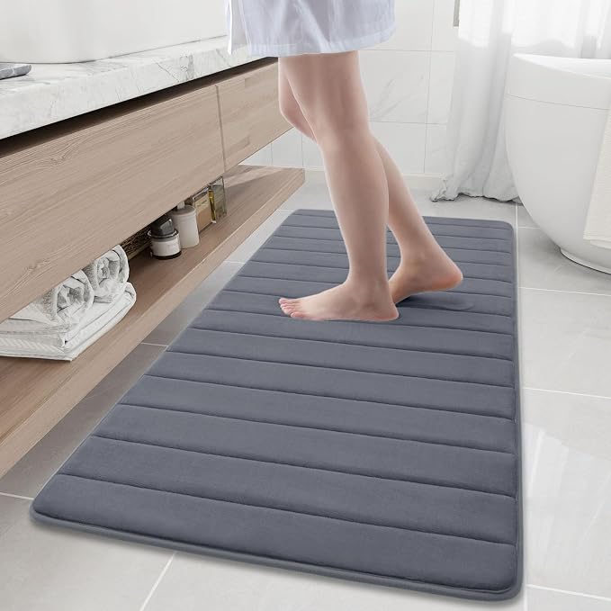 Buganda Memory Foam Bath Mat 60 x 24, Ultra Soft Absorbent Bathroom Rugs | Dark Grey, Machine Washable Quick Dry Bath Mats for Bathroom Floor, Shower and Tub, Home Decor Accessories