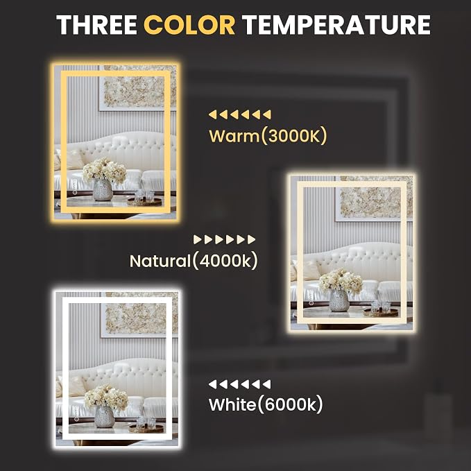LOAAO 28"X36" LED Bathroom Mirror with Lights, UL Listed | Anti-Fog, Dimmable, 3 Color Temperature, Backlit + Front Lit, Memory Function, Tempered Glass