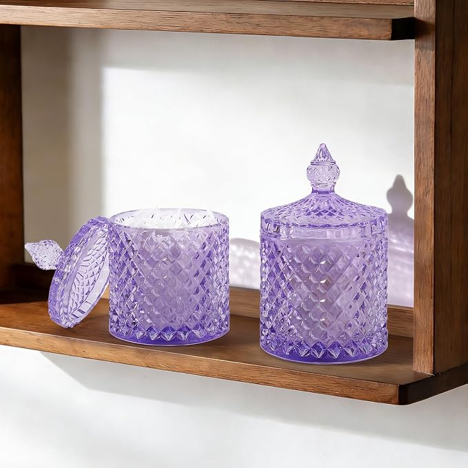 rejomiik 2 Pack Qtip Holder Thick Glass Apothecary Jars with Lid for Bathroom Decor Storage Organizer for Cotton Swabs, Balls, Pads, Floss Picks, Candy, Jewelry, Purple